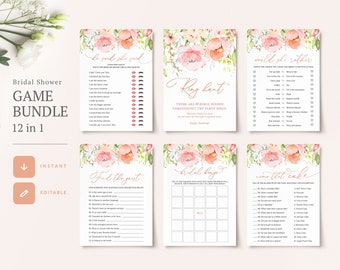 12 Editable Bridal Shower Games Bundle Wedding Shower Virtual Game Ideas Blush Pink Floral Rose Gold Printable Templates Instant Download