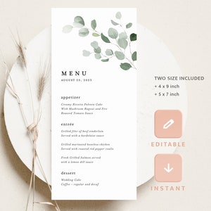 Szablon menu weselnego w kolorze szałwii i zieleni, karty menu weselnego w stylu minimalistycznym i nowoczesnym z motywem eukaliptusa, eleganckie menu kolacji z zielenią do wydrukowania, pobierz