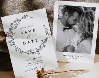 Minimalist Save The Date Cards Template, Photo Classic Wedding Save The Dates, Elegant Floral Greenery Botanical Save The Date Cards