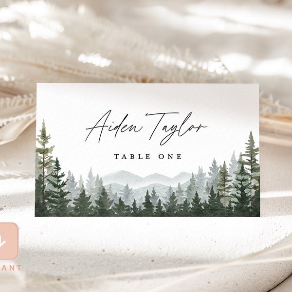 Mountain Wedding Place Card Template, Woodland Forest Pine Editable Wedding Escort Tent Card, Rustic Sage Printable Name Seating Folded Card