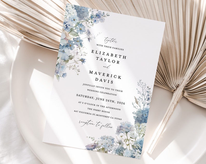 Dusty Blue Wedding Invitation Template, Boho Floral Wedding Invite Card, Printable Elegant Garden Light Steel Blue Invitations, Download image 5