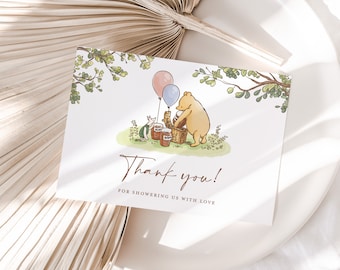 Klassische Winnie The Pooh Baby Shower Danke Karten Vorlage, druckbare Dankeschön Note, Greenery Danke Tisch Tischkarte, Instant Download