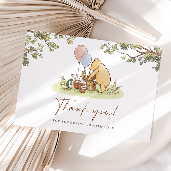 Classic Winnie The Pooh Baby Shower Thank You Cards Template, Printable Thank You Note, Greenery Thanks Table Place Card, Instant Download
