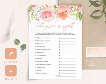 Editable Bridal Shower Games The Price is Right Virtual Bachelorette Wedding Blush Pink Rose Gold Floral Printable Template Instant Download