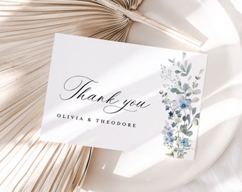 Boho Dusty Blue Wedding Thank You Card Template, Wildflower Thank You Note, Elegant Light Blue Floral Thank You Table Place Card, Download