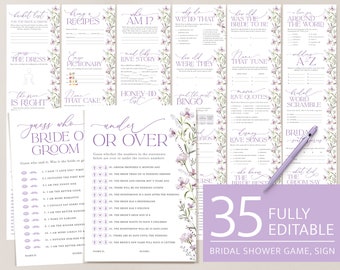 Boho Bridal Shower Games, Printable Floral Lavender Bridal Shower, Lilac Wildflower Editable Shower Games Pack Template, Download, Lana