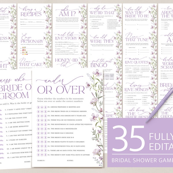 Boho Bridal Shower Games, Printable Floral Lavender Bridal Shower, Lilac Wildflower Editable Shower Games Pack Template, Download, Lana