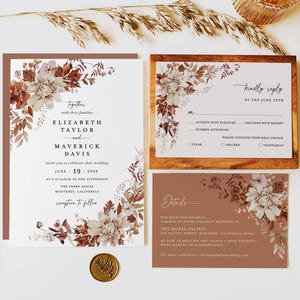 Fall Terracotta Wedding Invitation Template Set, Rustic Greenery Wedding Invite Suite, Boho Autumn Beige Floral Elegant Details, RSVP