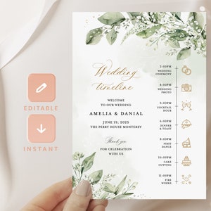 Boho Custom Wedding Party Timeline Template, Sage Green Editable Itinerary, Printable Wedding Day Schedule Card, Wedding Agenda, Ella