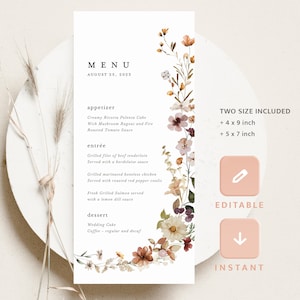 Modelo de cartões de menu de casamento Boho, menu de recepção de flores silvestres de terracota, menu de jantar de laranja queimada floral elegante para impressão, download instantâneo