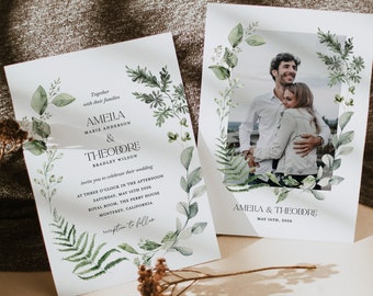 Modèle de faire-part de mariage minimaliste vert sauge, invitation rustique verdure forêt, faire-part de mariage moderne botanique, invitation imprimable