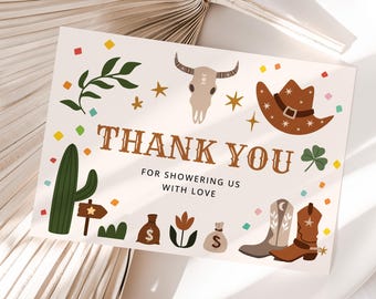Little Cowboy Baby Shower Thank You Cards Template, Printable Western Thank You Note, Wild West Desert Thanks Table Place Card, Download