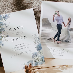 Staubig Blau Save The Date Karten Vorlage, Foto Floral Stahl Hellblau Hochzeit Save The Dates, Elegant Boho Garten Save The Date, Download