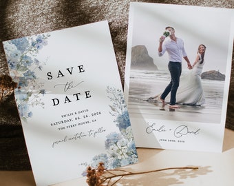 Dusty Blue Save The Date Cards Template, Photo Floral Steel Light Blue Wedding Save The Dates, Elegant Boho Garden Save The Date, Download