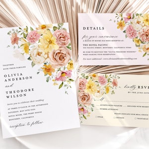Pode incluir: Conjunto de convites de casamento com design floral. O cart&atilde;o de convite apresenta uma ilustra&ccedil;&atilde;o floral em aquarela em tons de rosa, amarelo e verde. O texto diz "Juntos com suas fam&iacute;lias, Olivia Anderson e Theodore Wilson, convidam voc&ecirc; a celebrar seu casamento &agrave;s tr&ecirc;s da tarde, no s&aacute;bado, 19 de maio de 2026, Royal Room, The Perry House, Monterey, Calif&oacute;rnia. Recep&ccedil;&atilde;o ap&oacute;s a cerim&ocirc;nia."