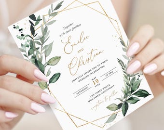 Sage Greenery Wedding Invitation Template, Botanical Gold Wedding Invites, Elegant Rustic Dark Sage Green Invitation, Printable, Download