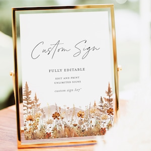 Modello di cartello per matrimonio personalizzato Fall Mountain, cartello decorativo per tavolo da ricevimento in terracotta di fiori selvatici, poster modificabile con cartello in salvia rustica, download
