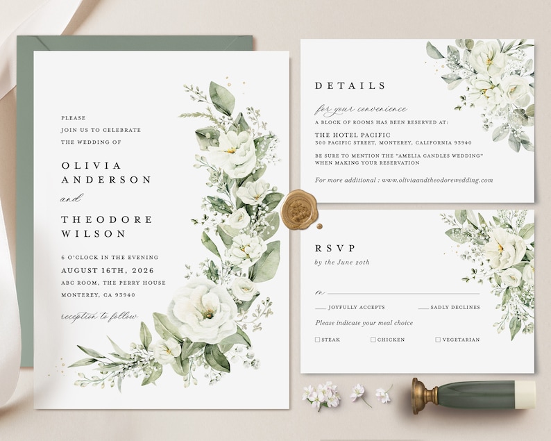 May include: A white wedding invitation with green foliage and white flowers. The invitation reads "Please join us to celebrate the wedding of Olivia Anderson and Theodore Wilson" and includes the date, time, and location of the wedding. The invitation also includes details for the hotel where a block of rooms has been reserved and an RSVP card.