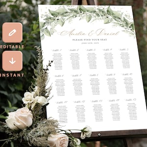 Boho Wedding Seating Chart Sign Template, Sage Green Large Guest Seating Chart Board, Printable Alphabetical DIY Sign, Editable Sign, Ella