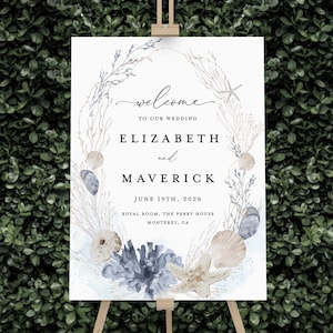 May include: A watercolor wedding welcome sign with a seashell and starfish wreath. The sign reads "Welcome to our wedding, Elizabeth and Maverick, June 19th, 2026, Royal Room, The Perry House, Monterey, CA."