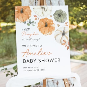 Kleiner Kürbis-Babyparty-Willkommensschild-Vorlage, bearbeitbares Herbst-Babypartyschild, rustikales neutrales Babyparty-Willkommensposter, Download