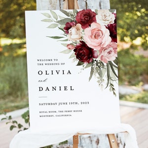 Burgundy Wedding Welcome Sign Template, Boho Blush Pink Rose Reception Decor Sign, Printable Sage Marsala Maroon Floral Large Signage
