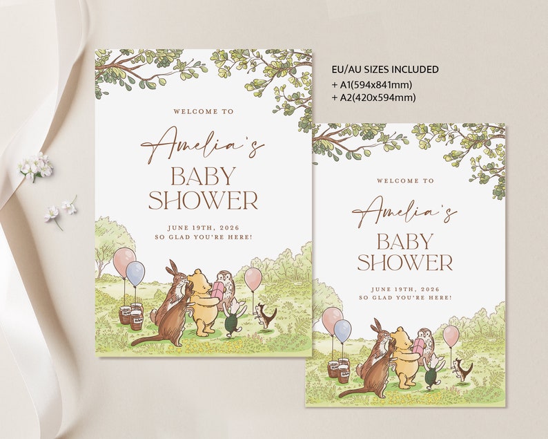 Puede incluir: Una invitaci&oacute;n a un baby shower con tem&aacute;tica de Winnie the Pooh con una ilustraci&oacute;n de acuarela de Winnie the Pooh, Piglet, Eeyore, Tigger y Owl. La invitaci&oacute;n es para el baby shower de Amelia el 19 de junio de 2026. El texto dice "Bienvenido al baby shower de Amelia, 19 de junio de 2026, &iexcl;Encantados de que est&eacute;s aqu&iacute;!"
