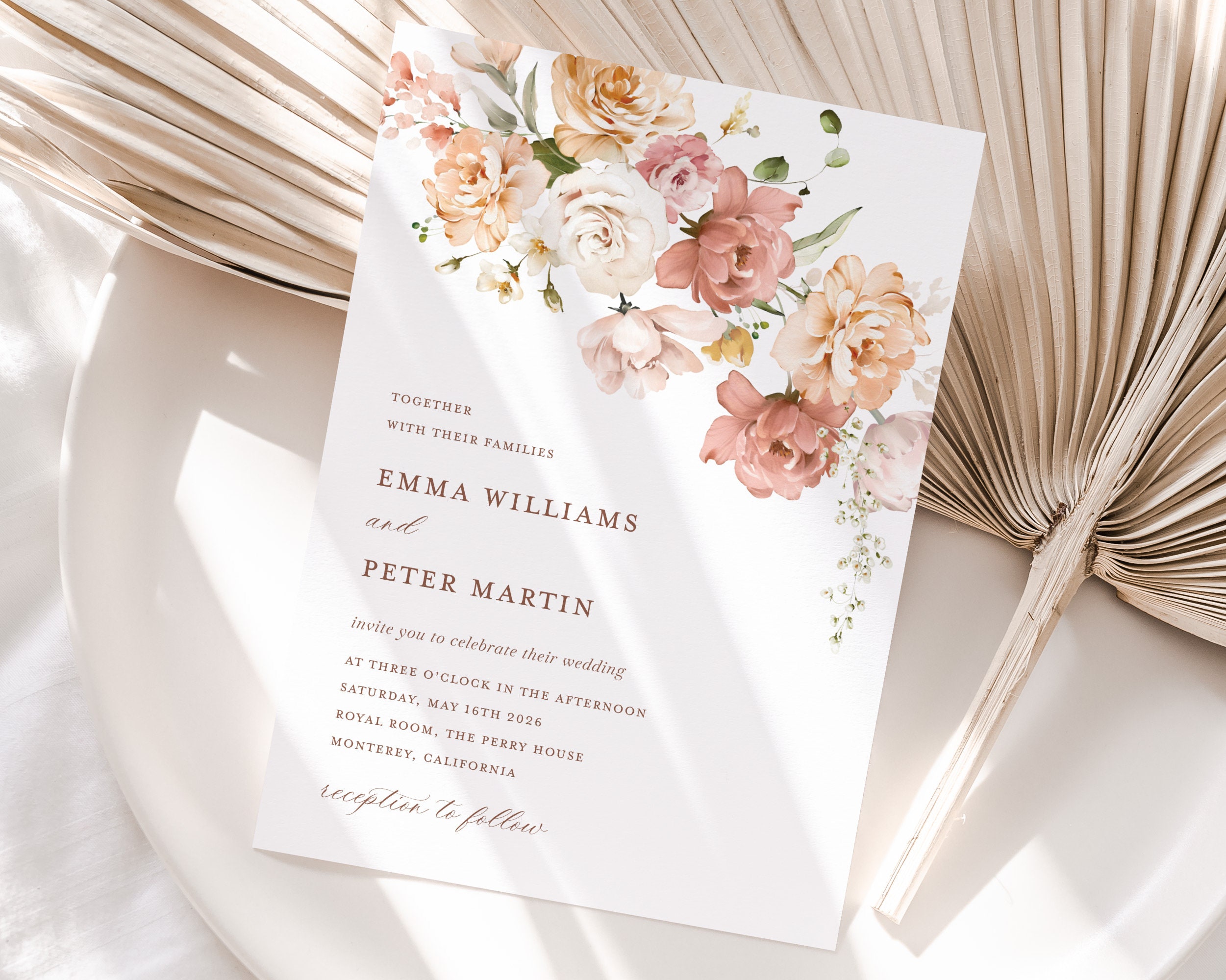 Dusty Rose Wedding Invitation Template, Boho Blush Pink Wedding Invite Set,  Elegant Floral Details Card, Printable RSVP, Instant Download - Etsy Israel, image size:2501x2000