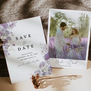Lavendel Lila Save The Date Vorlage, Blumen Boho Foto Hochzeit Save The Dates, Elegante Lila Garten Save The Date Karten, Instant Download