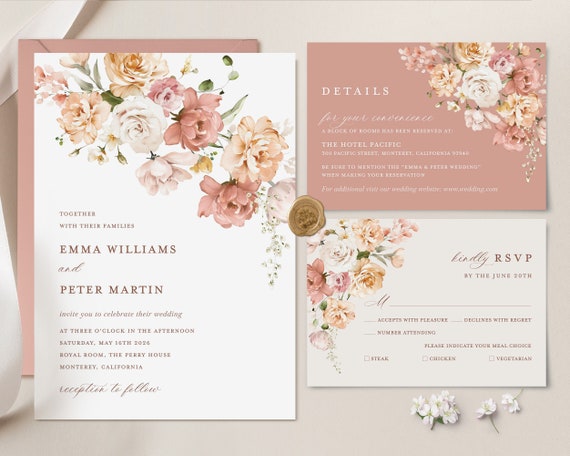 Dusty Rose Wedding Invitation Template Boho Blush Pink Wedding Invite Set Elegant Floral Details Card Printable RSVP Instant Download