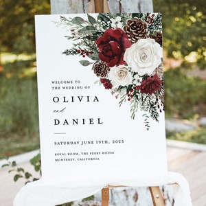 Modello di cartello di benvenuto per matrimonio invernale di Natale, cartello di decorazione per ricevimento con rose floreali bordeaux, segnaletica grande stampabile Boho Rustic Forest Pine