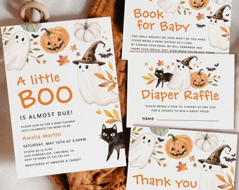 Little Boo Halloween Baby Shower Invitation Template Set Bundle, Editable Fall Rustic Pumpkin Gender Neutral Baby Shower Invites, Download