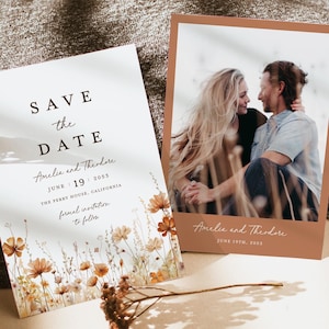 Terracotta Wildflower Save The Date Cards Template, Photo Boho Wedding Save The Dates, Burnt Orange Floral Save Our Date Cards, Download
