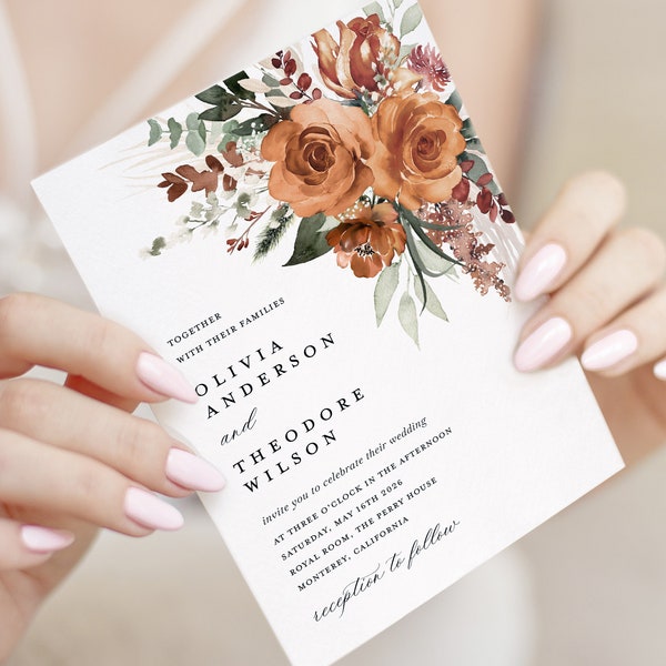 Boho Terracotta Wedding Invitation Template, Floral Elegant Wedding Invite, Printable Modern Burnt Orange Rose Wedding Invitation, Download