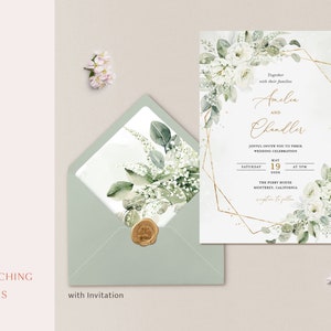 Geometric White Floral Wedding Invitation Template, Gold and White Wedding Invite Card, Elegant Sage Green Invitations, Printable, Elena image 8