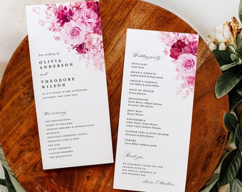 Hot Pink Wedding Programs Template, Floral Ceremony Program, Elegant Bright Vibrant Magenta Fuchsia Rose Itinerary, Printable, Download