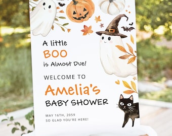 Little Boo Halloween Baby Shower Welcome Sign Template, Pumpkin Baby Shower Sign, Fall Rustic Neutral Baby Shower Welcome Poster, Download