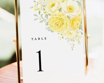 Butter Yellow Floral Wedding Table Numbers, Ivory Rose Table Number, Elegant Garden Wedding Reception Table Decor (Instant Download)