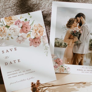 Staubige Rose Save The Date Karten Vorlage, Foto Boho Blush Rosa Hochzeit Save The Dates, Elegante Blumen Save The Date Karten, Instant Download