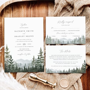 Berg Hochzeit Einladung Vorlage Set, Woodland Forest Pine Hochzeitseinladung Set, rustikale Salbei Details Karte, druckbare Antwortkarten, Download