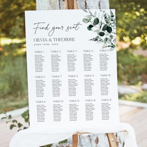 Hochzeitssitzplan Vorlage, druckbare Sage Greenery Großes Gast Sitzplan Schild, bearbeitbarer rustikaler Wald Botanischer Tisch Sitzplatz