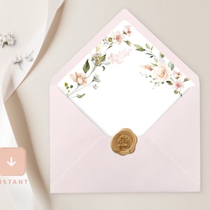 Blush Pink Envelope Liner, Blush Floral A6 and A7 Euro flap & Square Flap Template, Printable Sage Pink Rose Wedding Envelope Liners, Leah