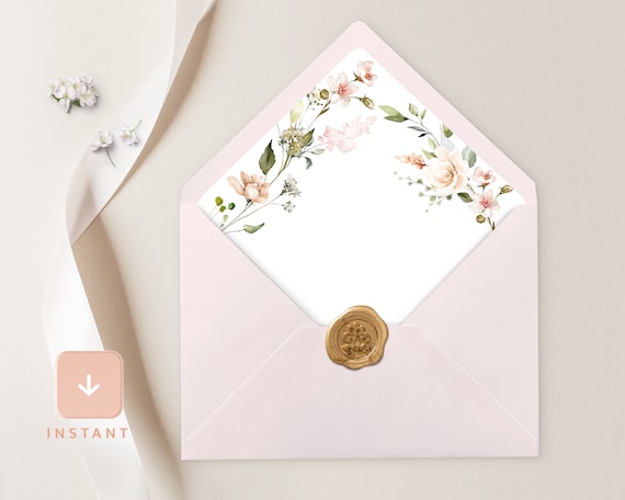 Blush Pink Envelope Liner, Blush Floral A6 and A7 Euro flap & Square Flap Template, Printable Sage Pink Rose Wedding Envelope Liners, Leah
