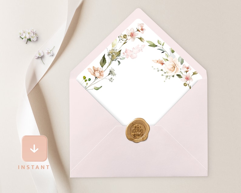 May include: A pink envelope with a floral design on the inside flap. The envelope has a gold wax seal.