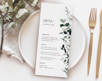 Sage Greenery Minimalist Wedding Menu Template, Modern Botanical Reception Menu Cards, Elegant Rustic Dinner Menu, Instant Download