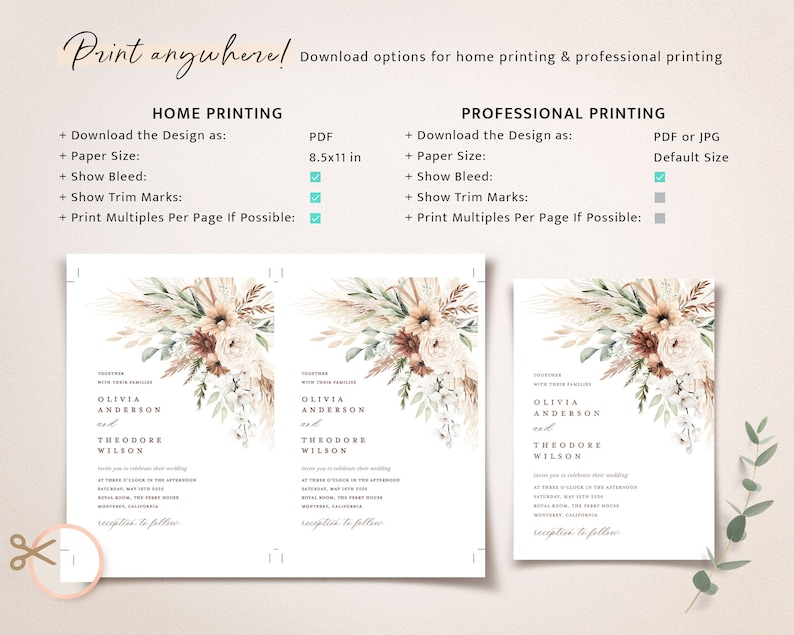 Boho Wedding Invitation Template, Sage Minimalist Wedding Invite Set, Elegant Floral Pampas Details Card, Terracotta Printable RSVP image 7