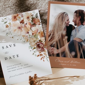 Modèle de cartes « Save The Date » en terre cuite bohème, mariage floral avec réservez vos dates, réservez les dates jardin orange brûlé, téléchargements