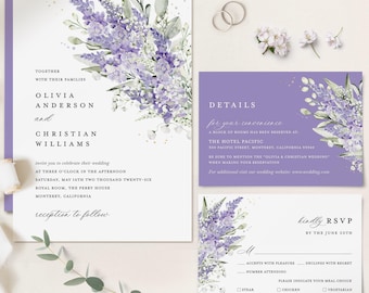 Lavender Wedding Invitation Suite Template, Lilac Invite Set, Sage Greenery Floral Boho Details Card, Printable Garden RSVP, Download