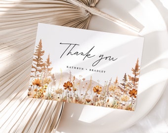 Fall Mountain Wedding Thank You Card Template, Wildflower Terracotta Thank You Note, Orange Forest Rustic Thanks Table Place Card, Download