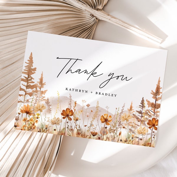 Fall Mountain Wedding Thank You Card Template, Wildflower Terracotta Thank You Note, Orange Forest Rustic Thanks Table Place Card, Download